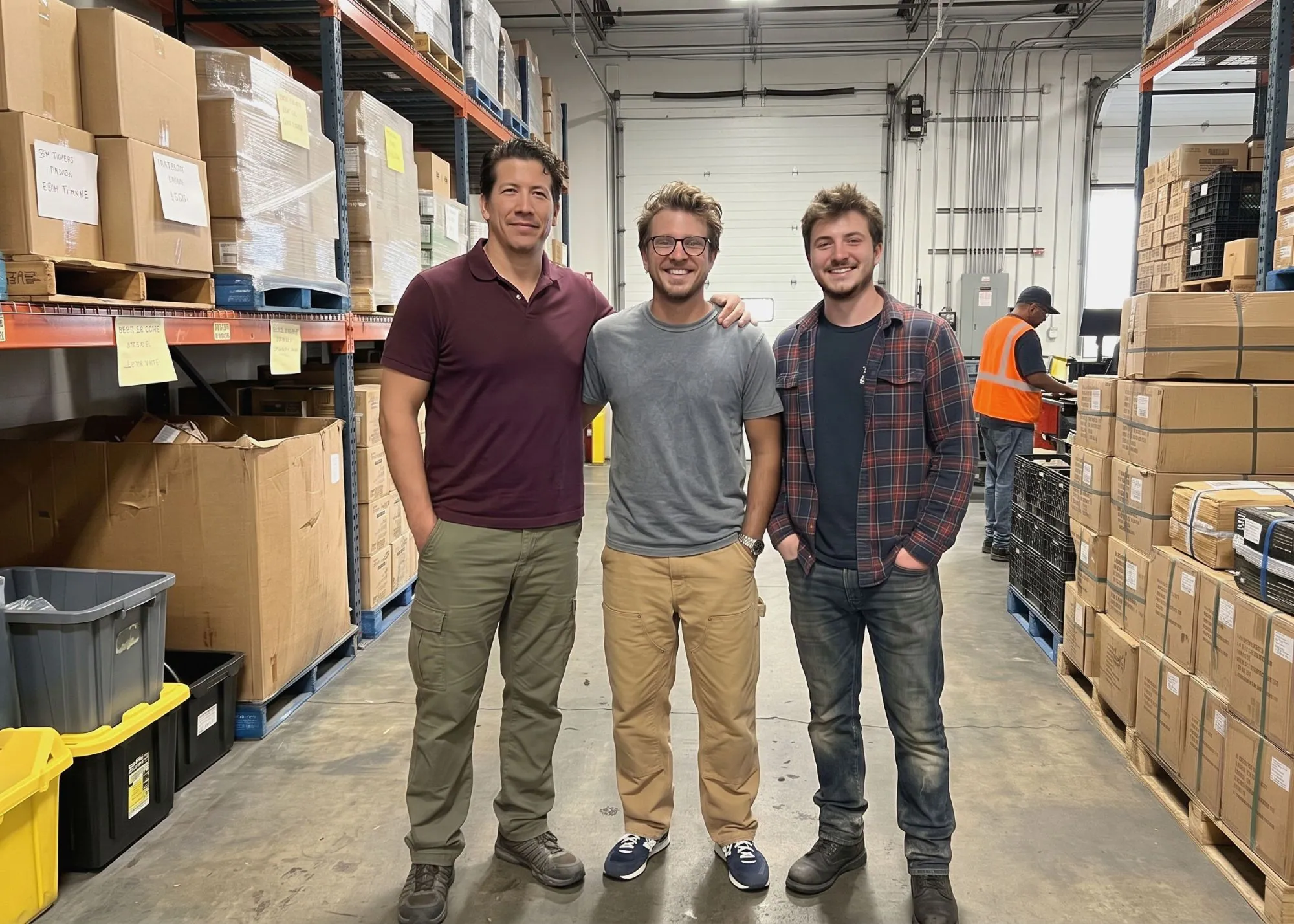Three founders standing in their warehouse